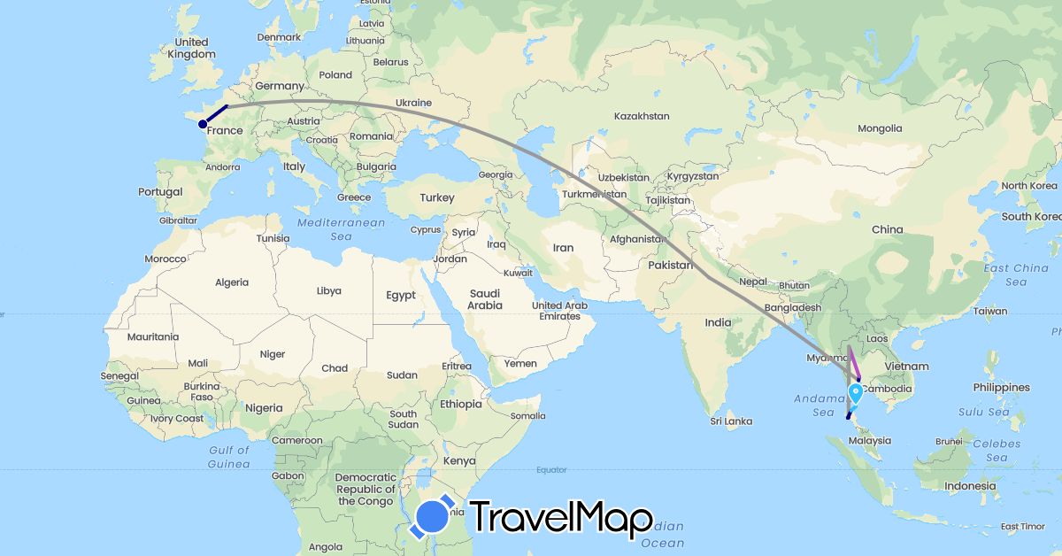 TravelMap itinerary: driving, plane, train, boat in France, India, Thailand (Asia, Europe)